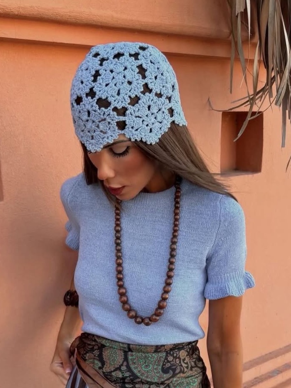 Light blue Knit Hollowed Out Knitted Hat crochet Beret Cap